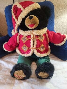 2006 Snowflake Teddy Plush Black Bear in Red & Green Holiday Coat
